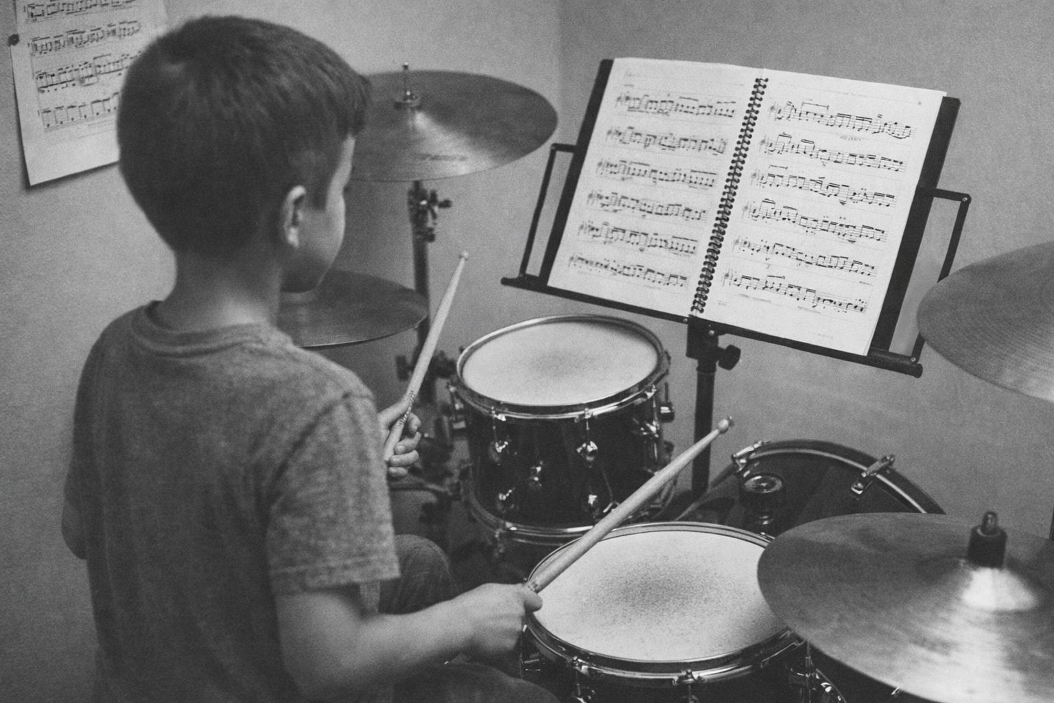 Criança estudando bateria com partitura